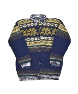 Ecuadorian Sweater Size L 100% Wool Hand Knit Cardigan Chunky Striped Design Rug - Picture 1 of 8