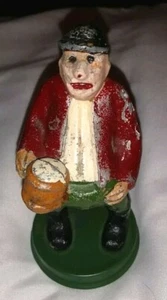 Statuina ubriacone patron birra pancia bar metallo fuso vintage 4" su piedistallo coperchio barattolo - Foto 1 di 6