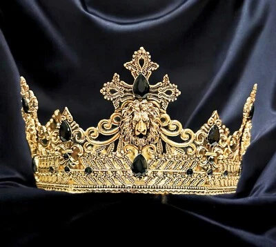Corona Rey León Vintage, Corona de Cristal Negro para Novio, Corona de Baile de graduación, Corona Dorada Foto 1 de 4