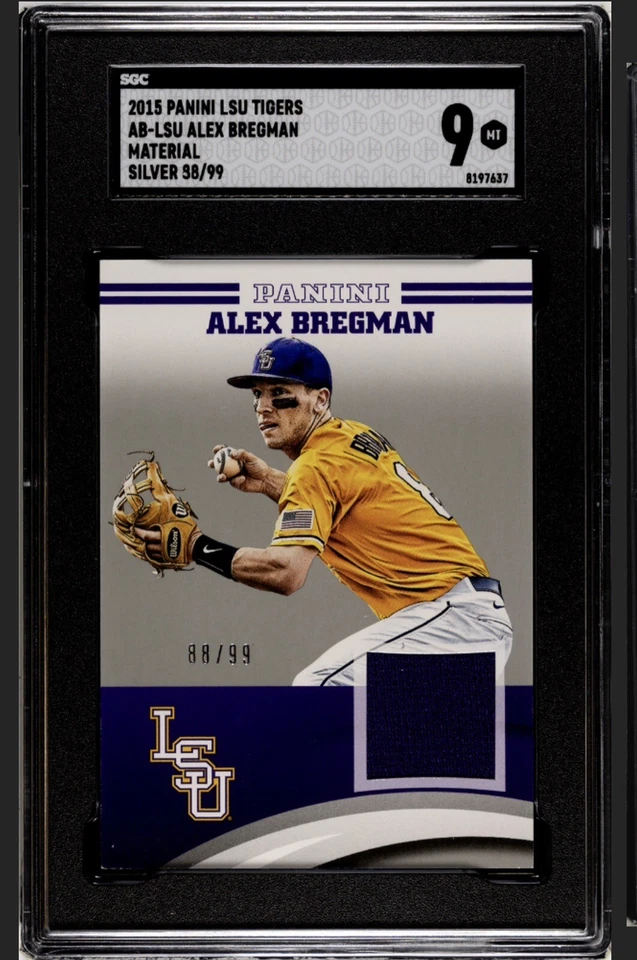 POP 1 2015 Panini LSU Tigers Alex Bregman Silver Material /99 SGC 9 Red Sox - Image 1 of 1