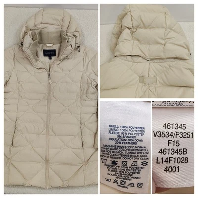 LANDS END Women's Down Fill Cream Hooded Quilted Puffer Coat Jacket Large Parka - Image 1 of 4