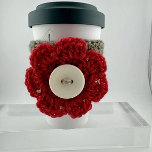 Crochet Handmade Coffee Cup cozy drink sleeve heart Vtg button Gray Red New - Picture 1 of 7