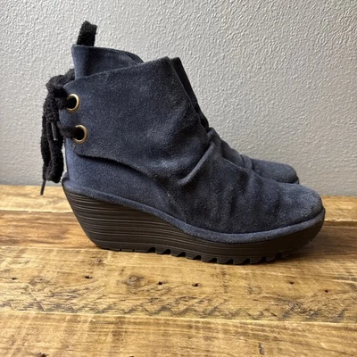 Fly London Yama Marino Blue Suede Leather Wedge Ankle Boots Womens EU 38 US 7.5 - Image 1 of 4