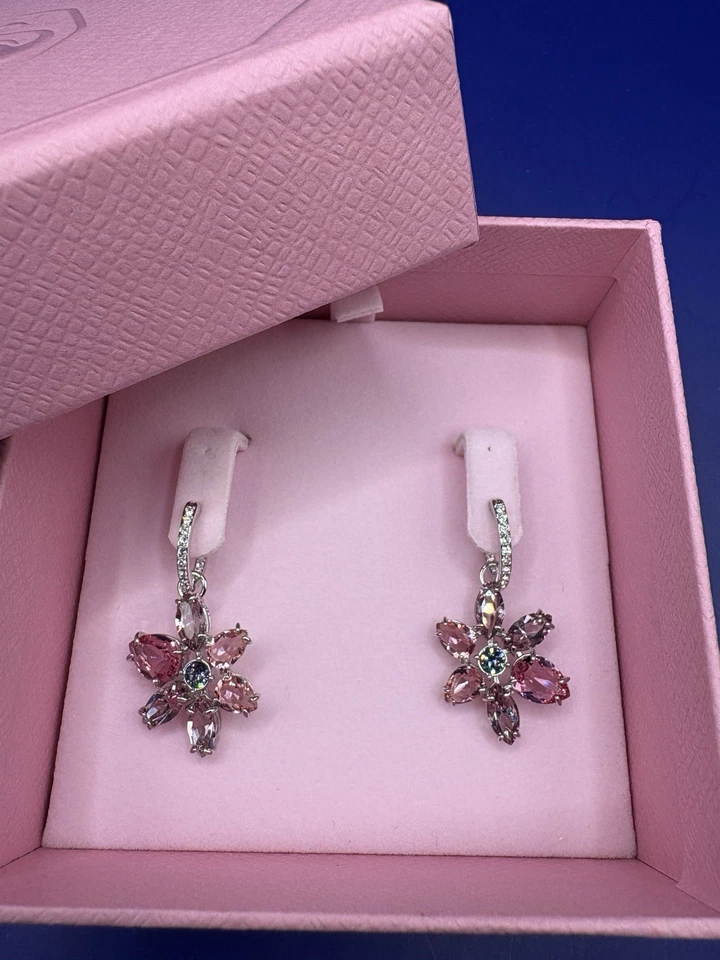 Swarovski Gema Flower Drop Earrings Pink with Rhodium Plating 