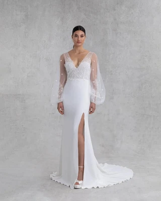 Alexandra Grecco Mira Wedding Dress Gown 4 Ivory Silk Slit Modern Balloon Sleeve - Image 1 of 4