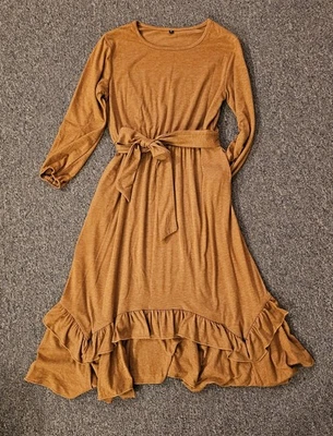 Girls XL Ruffled Swing Dress Belted Brown Polyester Spandex MW Or Dry Clean - Image 1 of 4
