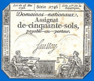 Frankreich 50 Sols 1793 Assignat Serie 2746 Schild Faussay kostenloser Versand weltweit - Bild 1 von 2