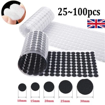 25-100X ROUND SELF ADHESIVE Stick On HOOK / LOOP Sticky Tape Fastener Strips UK - Image 1 of 4
