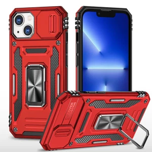 Military Grade Ring Holder Case with Camera Lens Cover for iPhone 14 Plus - Red - Picture 1 of 7