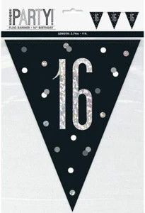 NEW Unique Party Glitz Black & Silver 16th Birthday Bunting Banner - 9ft - Picture 1 of 3