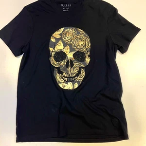 Guess Los Angeles T shirt Large Black w Gold Foil Skull Black Studs in Eyes - Picture 1 of 6