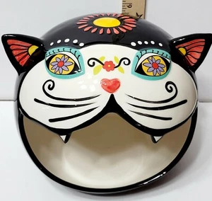Blue Sky Clayworks Ceramic Day of the Dead Big Mouth Cat Candy Bowl/Dish New! - Imagen 1 de 9
