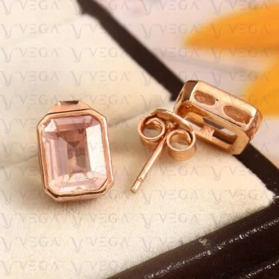 3.00Ct Emerald Cut Natural Morganite Solitaire Stud Earring 14K Solid Rose Gold - Image 1 of 4