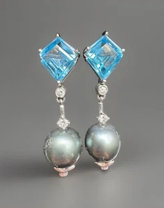 Pendientes de perlas South Sear negras de 10,7 mm con topacio de oro blanco natural de 14 K - Imagen 1 de 14