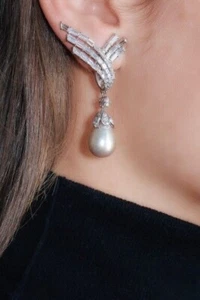 Magnificent White Pearls Drop With  Lab-Created Cubic Zirconia Silver Earrings - Picture 1 of 4