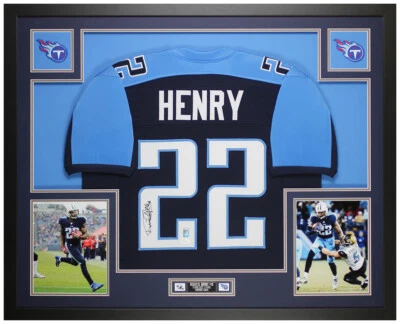 Jersey Derrick Henry Autografiado y Enmarcado Azul Tennessee Auto Certificado JSA Foto 1 de 4