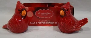 ST. NICHOLAS SQUARE YULETIDE CARDINAL BIRDS CERAMIC SALT & PEPPER SHAKERS W/BOX - Picture 1 of 5