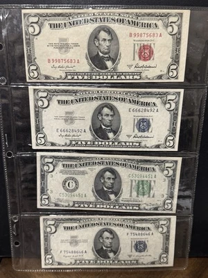 Vintage $5 Lincoln Note Collection Red Blue and Green Seal Set 1950 1953 1963 - Image 1 of 4