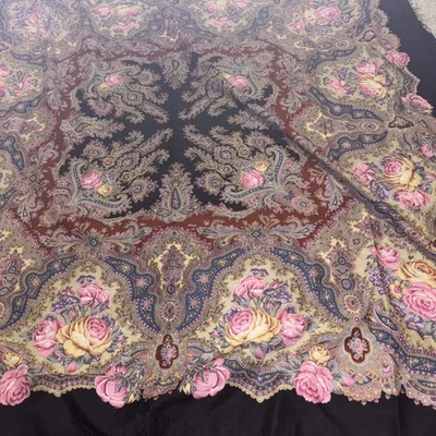 Vintage wool shawl w  Pink paisley + black fringe border 52x52 - Image 1 of 4