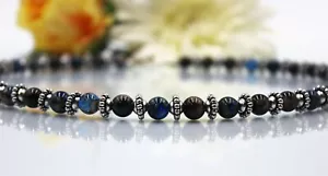 Glass Jewels collana argento catena perle blu nero vetro acrilico hippie #M100 - Foto 1 di 3