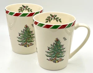 TWO SPODE CHRISTMAS TREE MUGS; CANDY CANE TRIM; EXCELLENT CONDITION - Picture 1 of 10