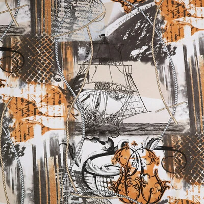 Stoff Viskose Jersey Abstrakt Ornamente Schiffe braun beige weiß orange schwarz - Bild 1 von 4