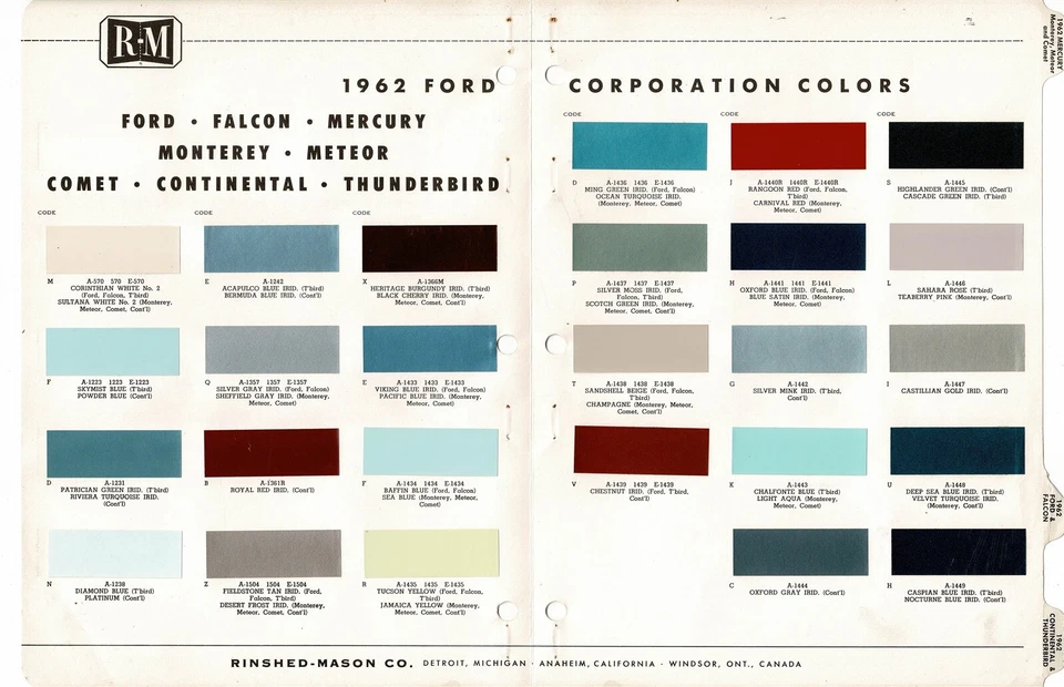 1962 FORD FALCON MERCURY MONTEREY COMET CONTINENTAL THUNDERBIRD PAINT CHIPS R-M - Image 1 of 1