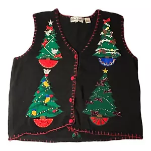 Vintage Weihnachtsbaum Pullover Weste schwarz perlen Urlaub gestrickt ärmellos Damen XL - Bild 1 von 9