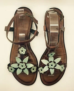 A. GIANNETTI Brown Leather Lt Green Flower Strappy Flat Sandals Ankle 7 M Italy - Picture 1 of 12