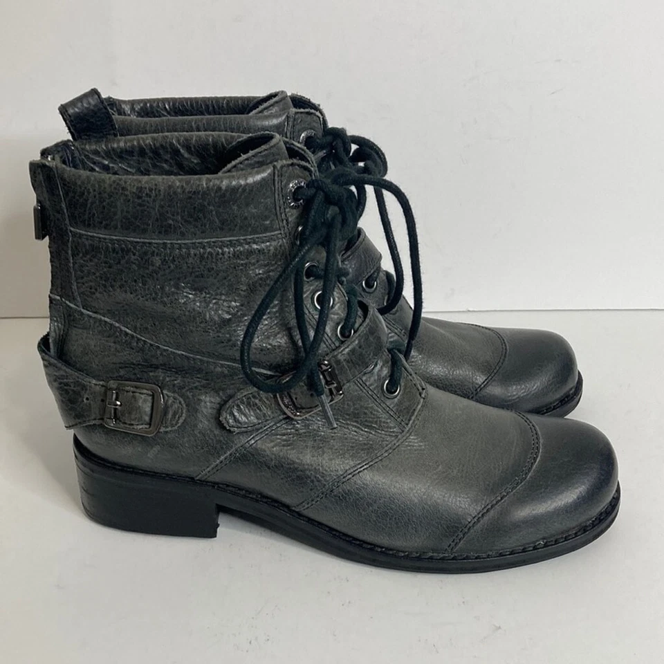 Belstaff Boots Womens 37 6 Gray Leather Lace Up Combat Moto Biker Buckle Foto 1 de 4