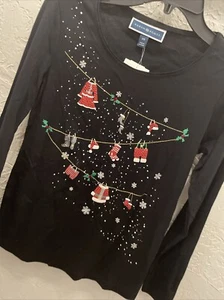 Karen Scott Christmas Shirt Womens XS Black Whimsy Tee Long Sleeve Holiday Santa - Picture 1 of 4