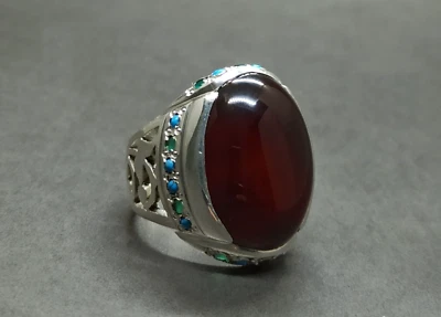 Anillo Aqeeq de plata esterlina 925 cornalina roja sangre yemení natural hecho a mano para hombre Foto 1 de 4