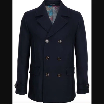Men’s Ted Baker Navy Ossain Herringbone Wool Blend Peacoat Jacket, Size 4 Large - Image 1 of 4