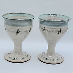 Set of 2 Studio Art Pottery Wine Goblets Stoneware Goblets Signed - Picture 1 of 5