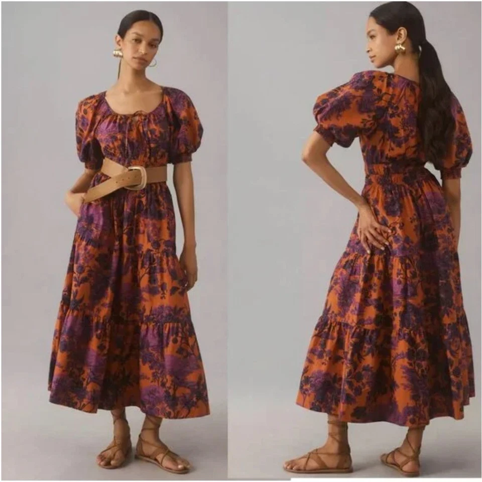 Anthropologie Somerset Maxi Dress L Puff Sleeve Floral Boho Cottagecore Fall 70s - Image 1 of 4