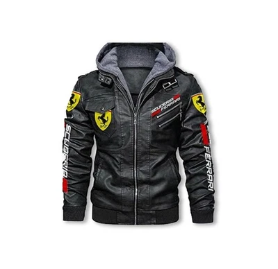Chaqueta de cuero estilo capucha Ferrari para fans de la F1, cuero original. Tallas XS-5XL. Foto 1 de 3