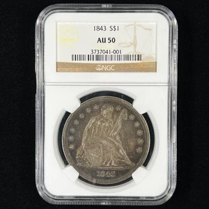 1843 $1 AU50 NGC Seated Liberty Silver Dollar - Nice Original US Type Coin - Picture 1 of 2