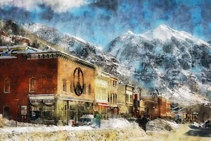 Acuarela Telluride Colorado, arte mural de las Montañas Rocosas, estación de esquí lona vate - Imagen 1 de 10