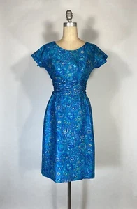 Vintage 1960's SILK blue palette paisley sheath dress w/ ruched waist Paul Brook - Picture 1 of 12
