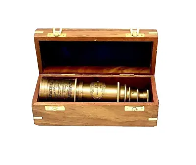 20  Antique Finish Brass Hand Extending Pirate Marine Telescope W/ Wooden Box • 64.90$