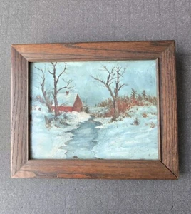 Vintage or Antique Original Winter Landscape Oil on Board - Period Oak Frame - Picture 1 of 11