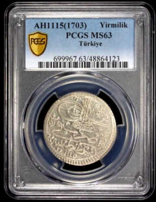 AH1115 1703 Turkey Yirmilik, 1/2 Kurush, PCGS MS 63, KM-153, Flashy - Image 1 of 2