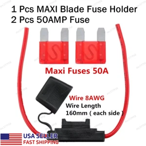 2pcs Red 50Amp Maxi Blade Fuses + Waterproof 8AWG Gauge In-line Fuse Holder - Picture 1 of 10