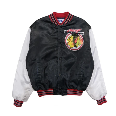 Vintage Chicago Blackhawks Fanimation Chalk Line Bomber Jacket Size XL NHL Cover