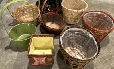 7 Vintage Planter Pot Woven Basket Rattan Rope Twig Metal w/ Liners Lot - Image 1 of 4