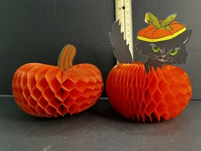 Vintage Halloween Cat & Pumpkin Centerpiece Honeycomb 3D Ambassador Set Of 2 - Image 1 of 4