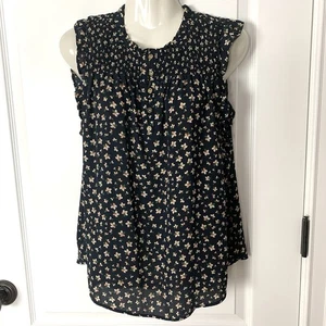 LOFT Floral Blouse Ruffle Cap Sleeves Navy Boho Size M Smocked Gold Buttons Top - Picture 1 of 7