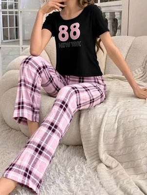 Ladies Pyjama Set Plaid Printed Crew Neck Buttons Nightwear Lounge Set S to XXL - Image 1 of 4