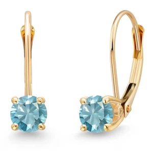 1.00 Ct Round Blue Zircon 14K Yellow Gold Earrings - Picture 1 of 6