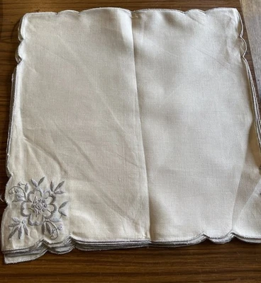 PACK OF  6 Luxury Cotton Embroidered Corner Napkins Ecru Beige 12.5ins Square - Image 1 of 4